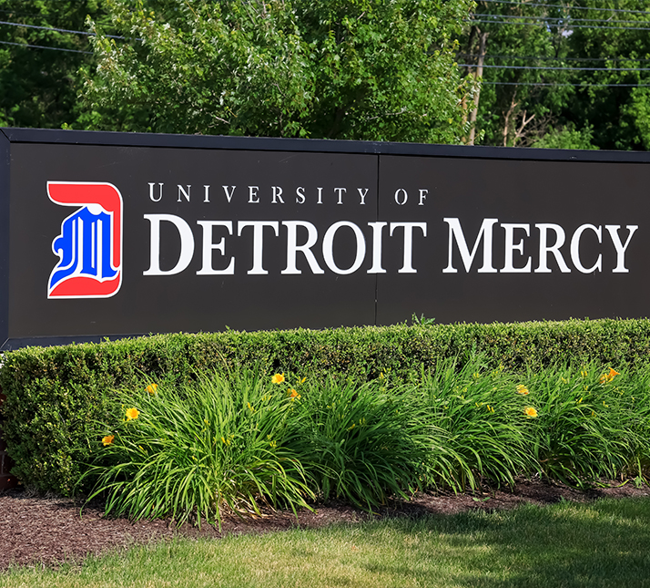 Outdoor sign for the University of Detroit Mercy