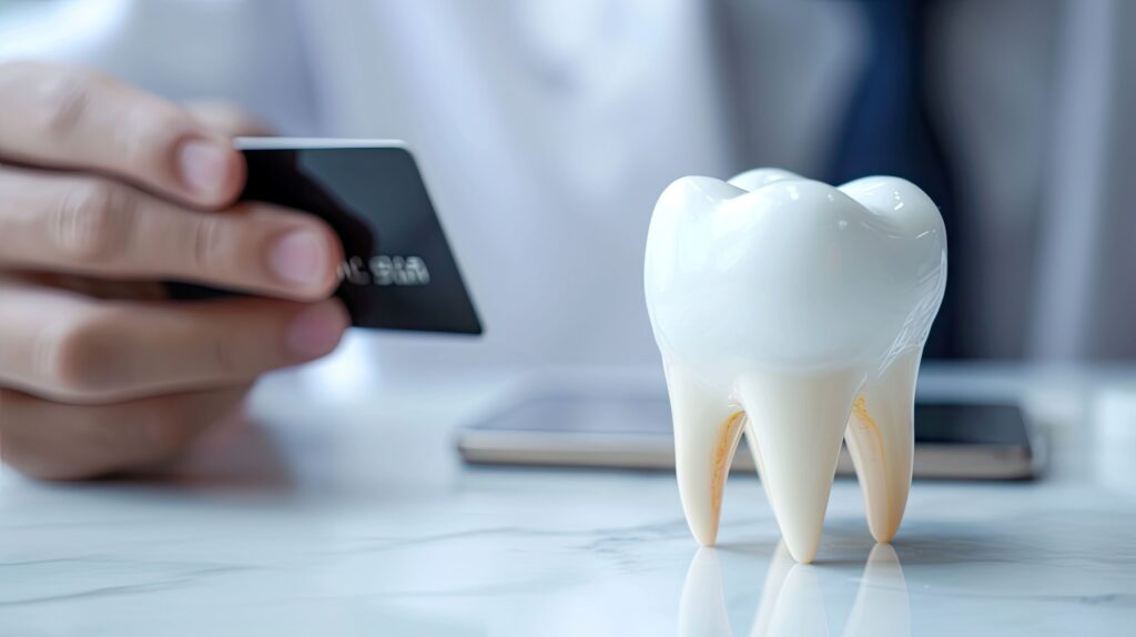 Closeup of hand holding credit card next to large model tooth